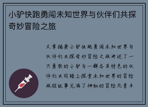 小驴快跑勇闯未知世界与伙伴们共探奇妙冒险之旅